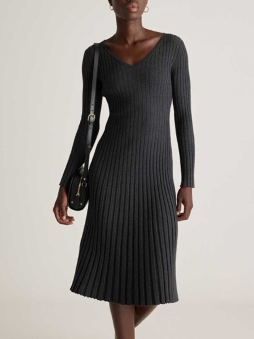 Cotton Cashmere Ribbed Long Sleeve V-Neck Midi Dress